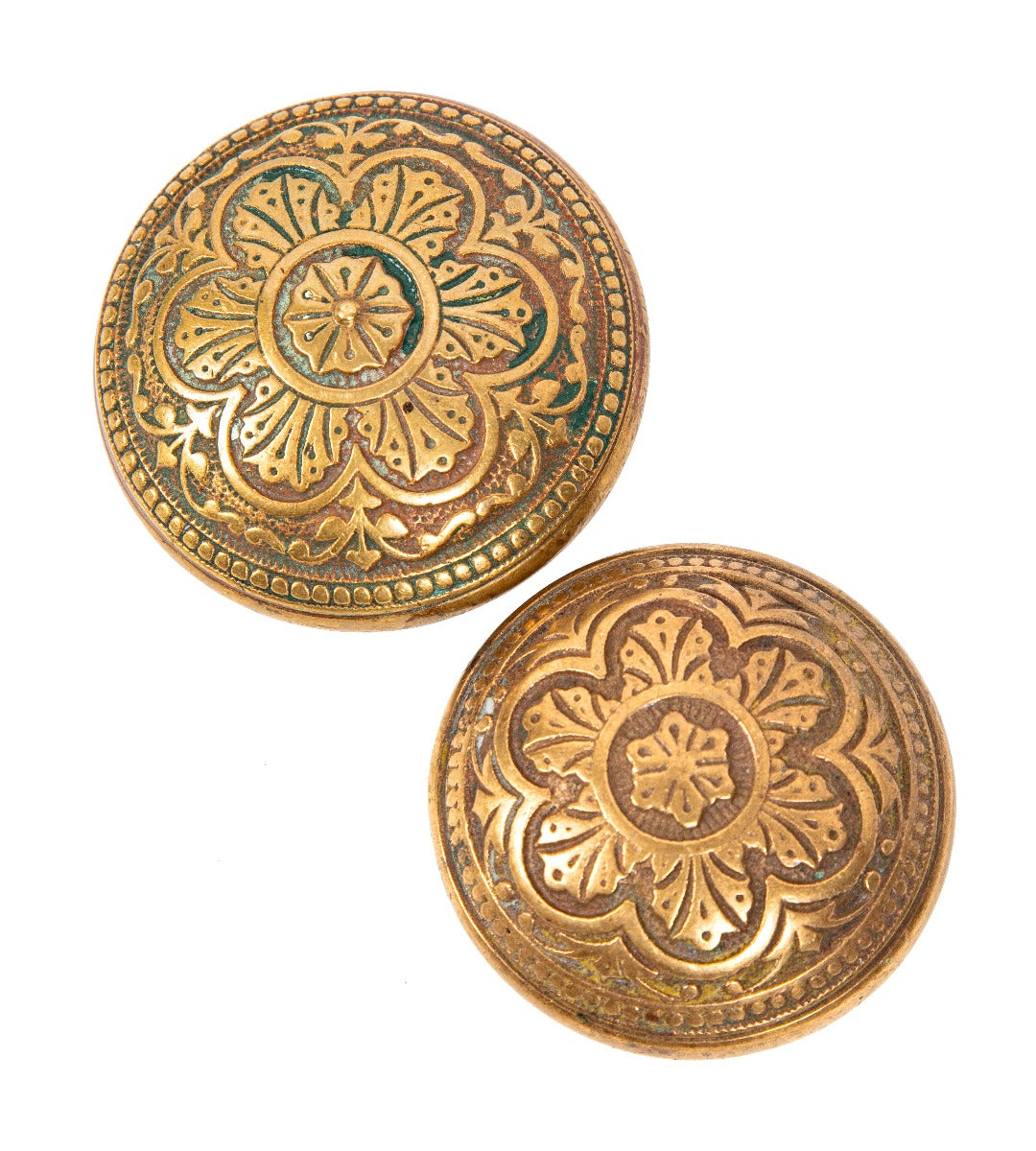 two matching early 1880's antique american ornamental cast bronze russell & erwin doorknobs with palmettes