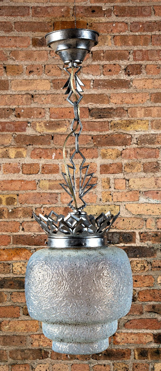 american depression-era salvaged art deco "skyscraper" style theater lobby pendant light with ornamental fitter and canopy