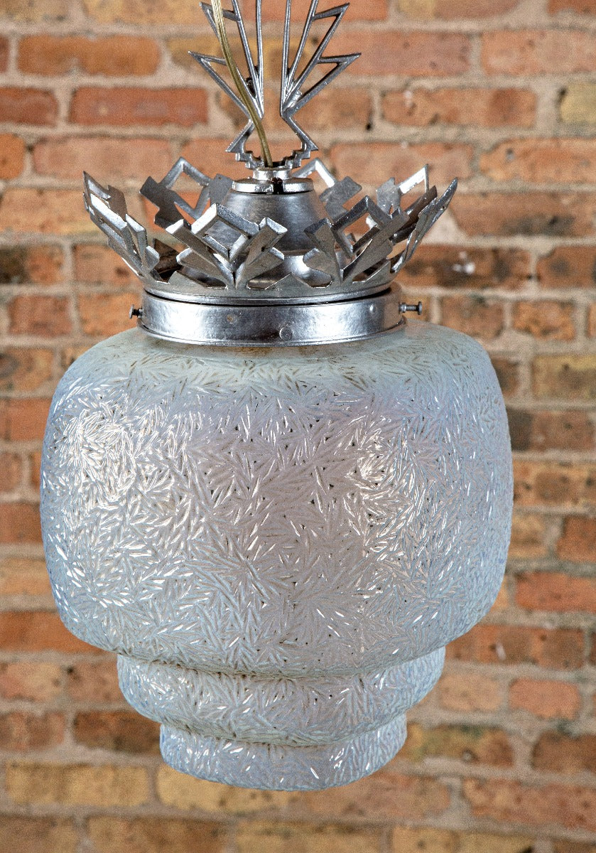 american depression-era salvaged art deco "skyscraper" style theater lobby pendant light with ornamental fitter and canopy