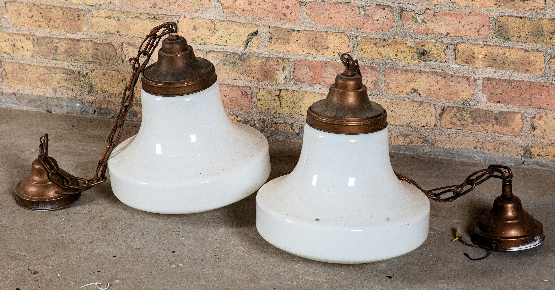 two matching original antique american early 20th "schoolhouse" oversized and tapered white opalescent globes with original fitters, chain and canopies