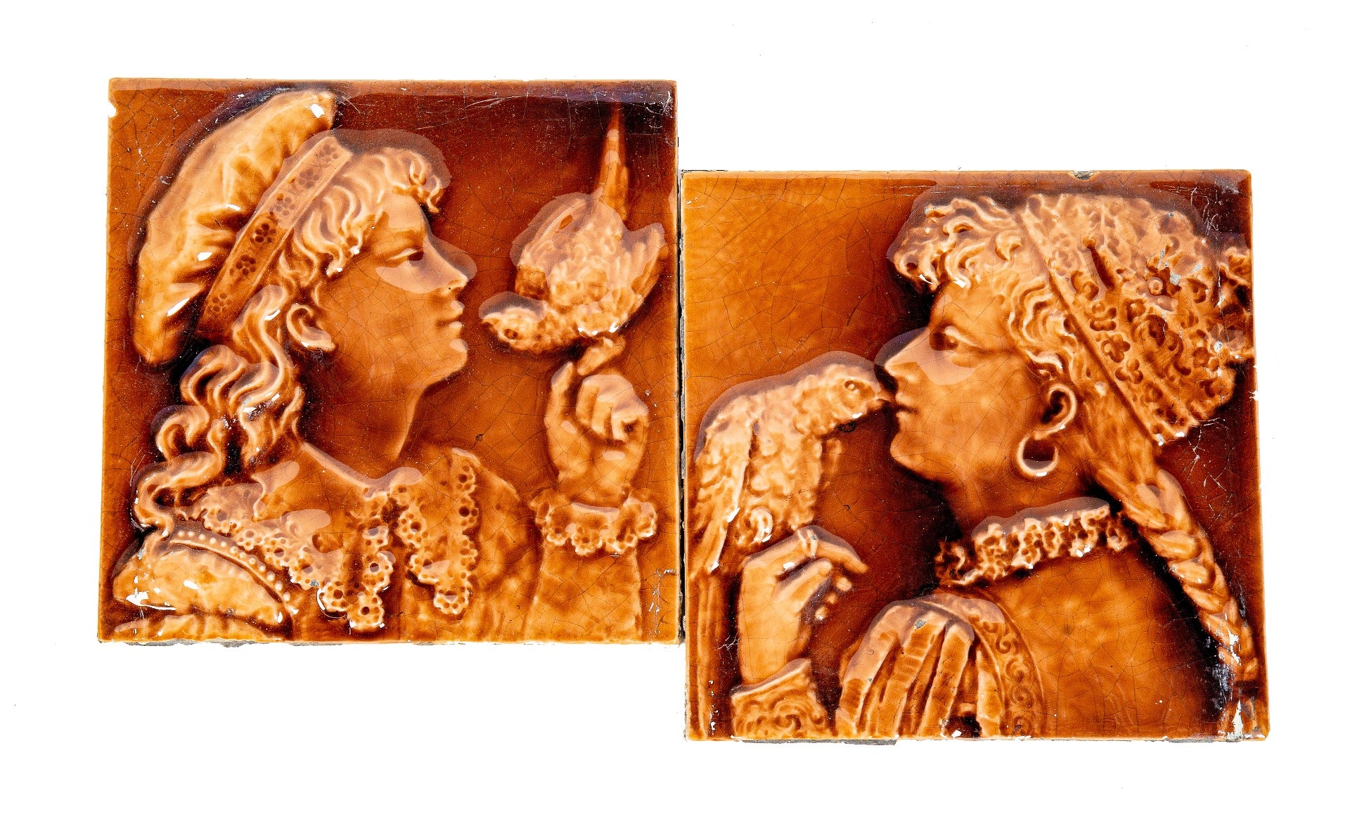 original set of late 19th century antique american broome-designed majolica glazed fireplace tiles with ladies with birds