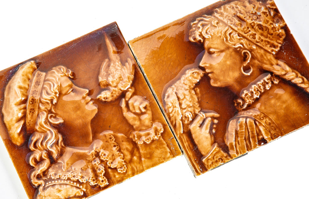 original set of late 19th century antique american broome-designed majolica glazed fireplace tiles with ladies with birds
