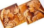 original set of late 19th century antique american broome-designed majolica glazed fireplace tiles with ladies with birds