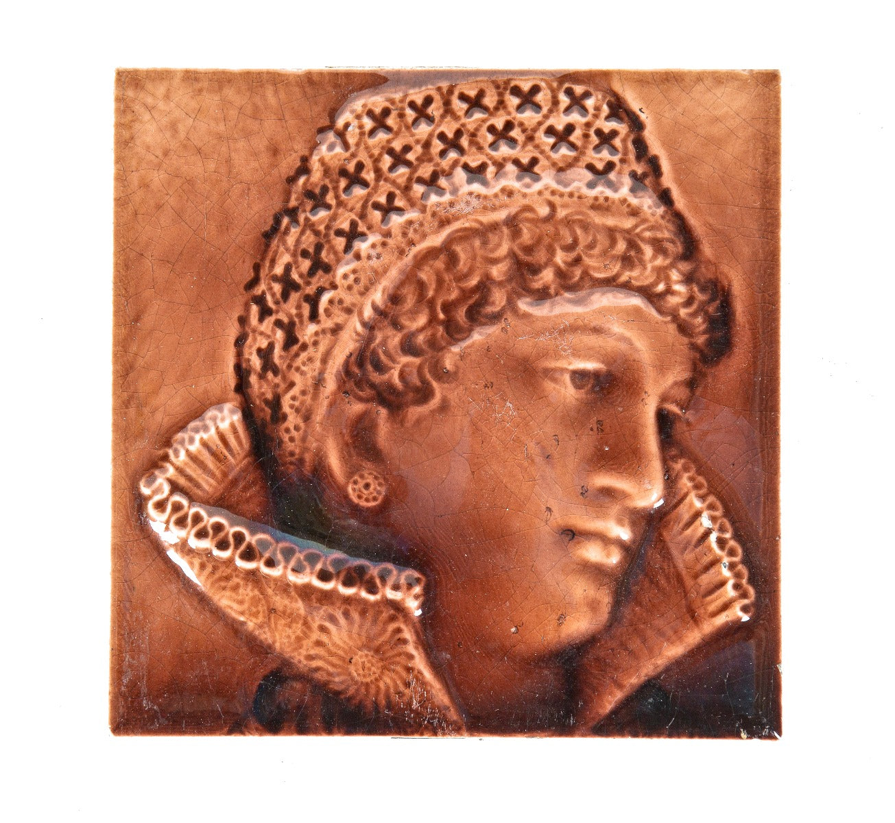 19th century salvaged chicago isaac broome-designed majolica glazed figural victorian tile