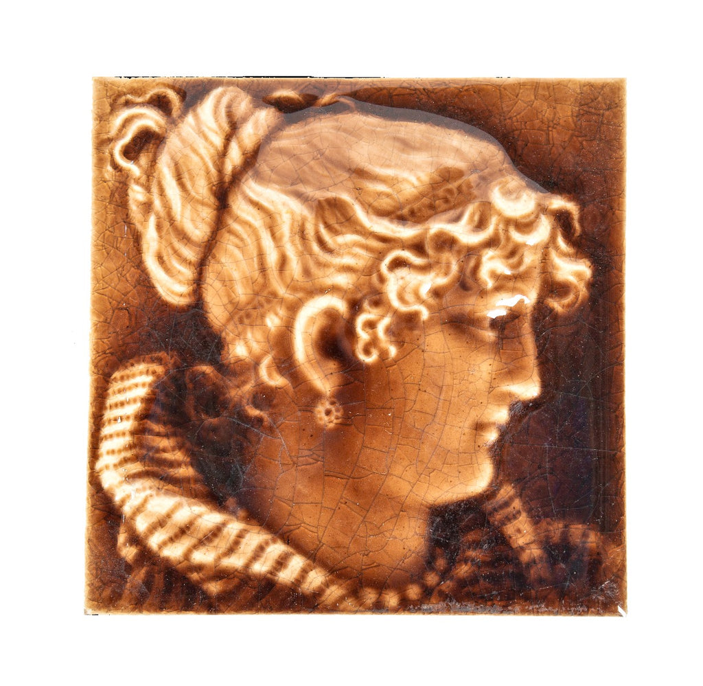 19th century original and intact salvaged chicago figural residential fireplace corner portrait tile with allover crazing