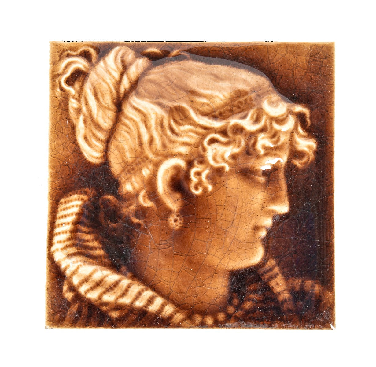 19th century original and intact salvaged chicago figural residential fireplace corner portrait tile with allover crazing