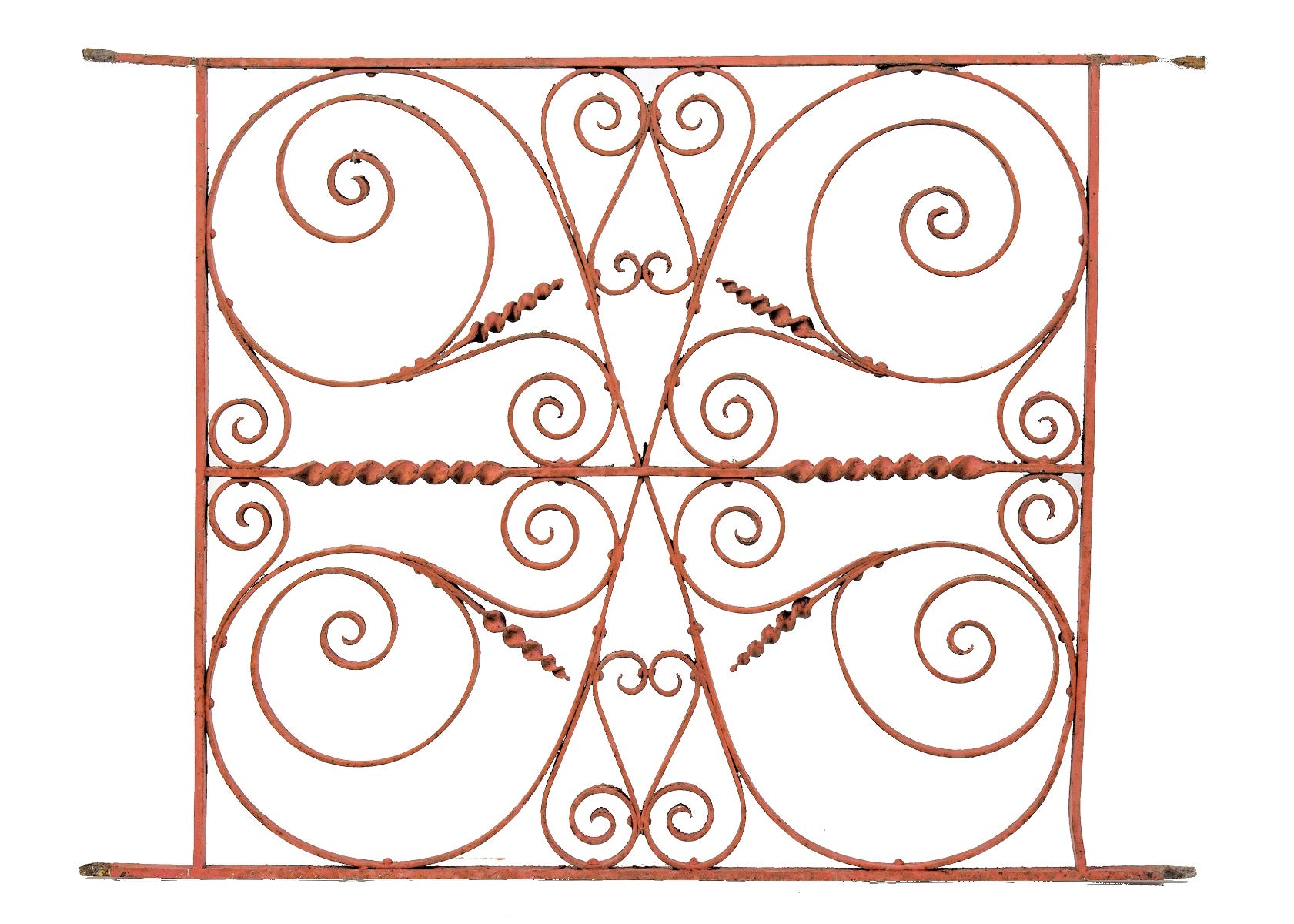 one of two matching 1880's original salvaged chicago heavily ornamented wrought iron residential window guard with nicely weathered finish