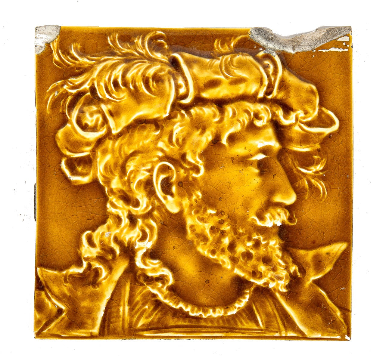 deeply embossed and lavishly colored butterscotch majolica glazed costumed figure or portrait fireplace corner tile