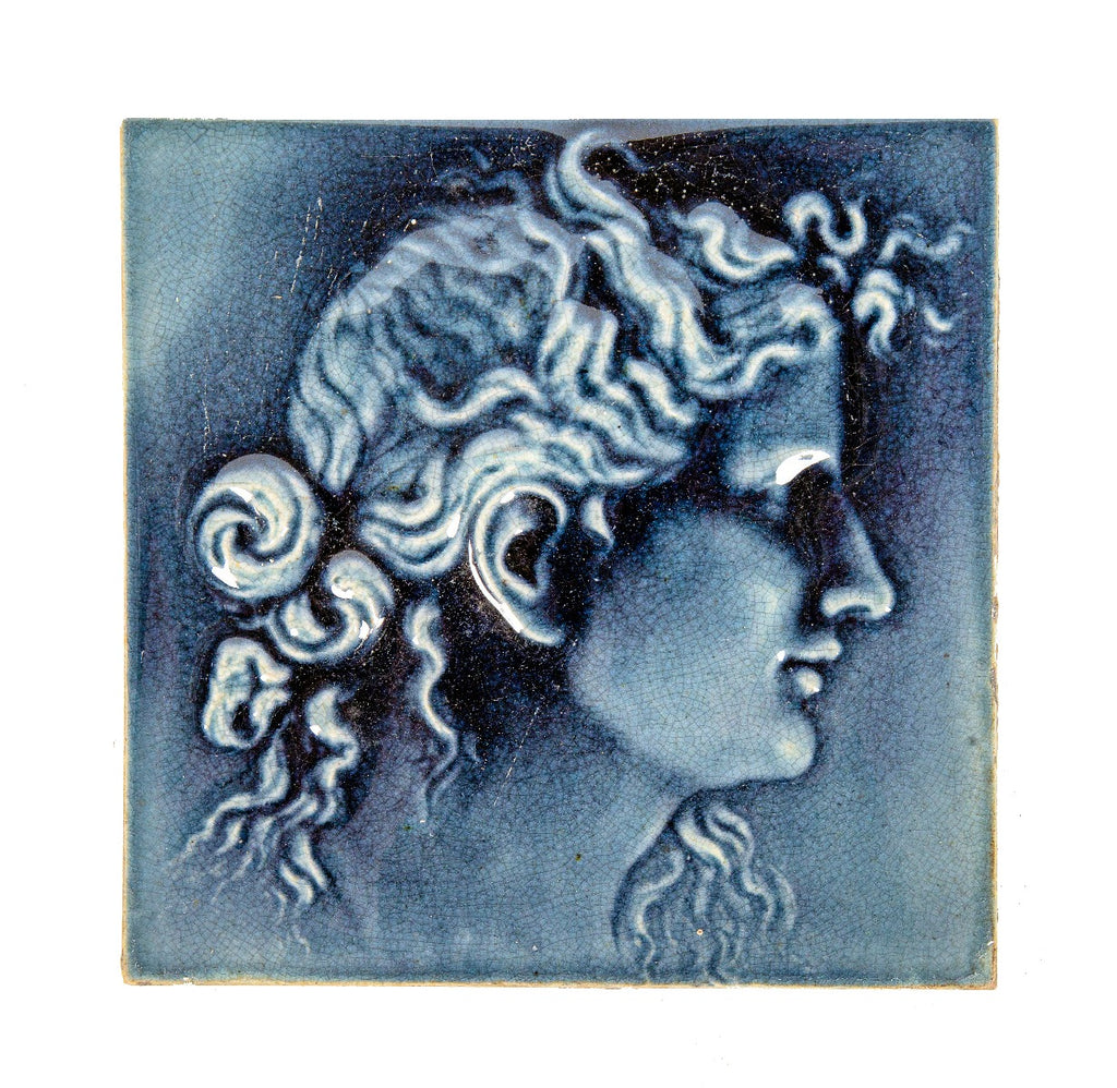 hard to find 19th century american antique architectural cobalt blue majolica glazed residential kensington fireplace figural tile