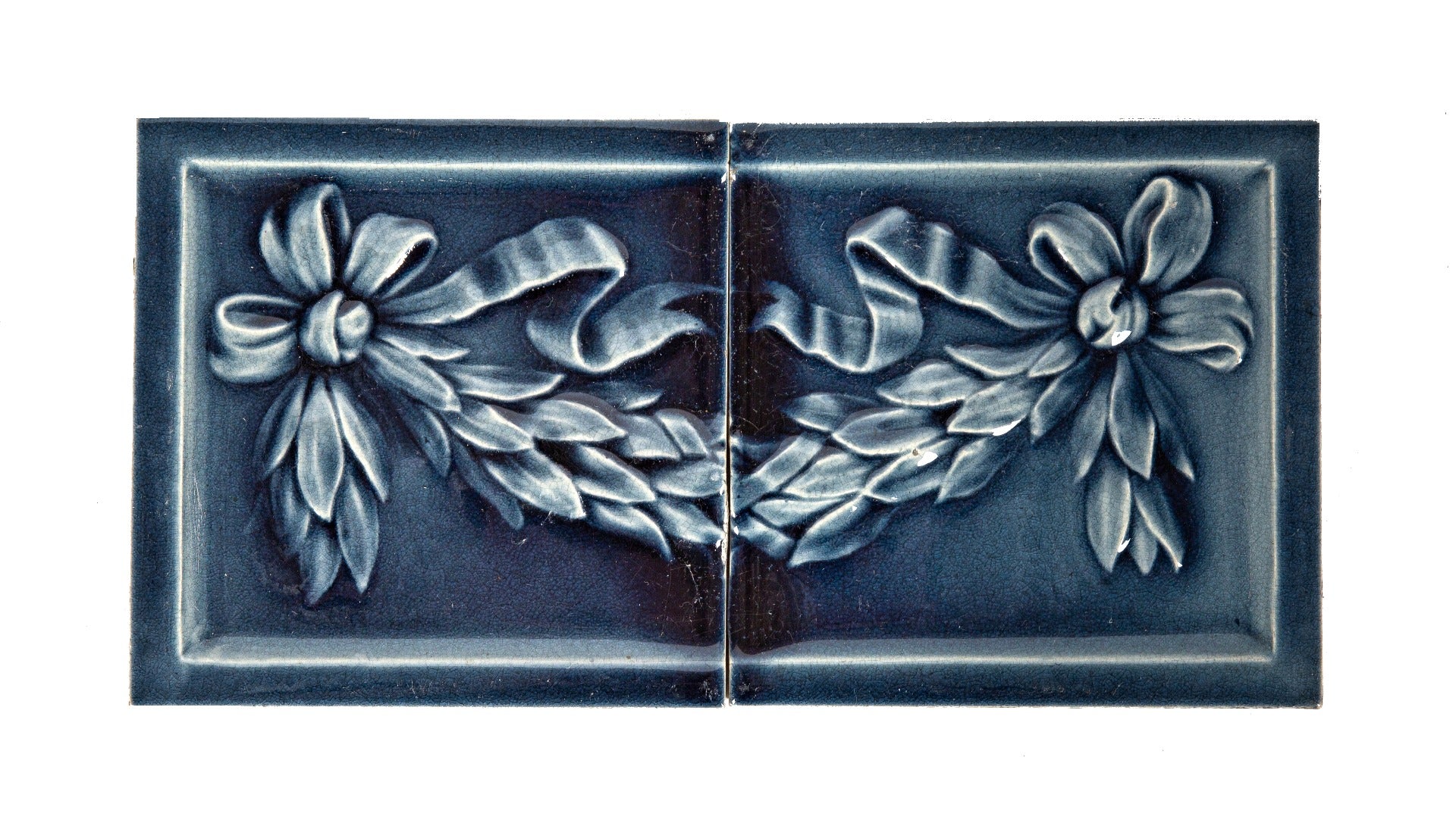 two-part late 19th centuronsy antique american salvaged chicago cobalt blue 6 x 6 majolica fireplace tiles with laurel wreath and ribb