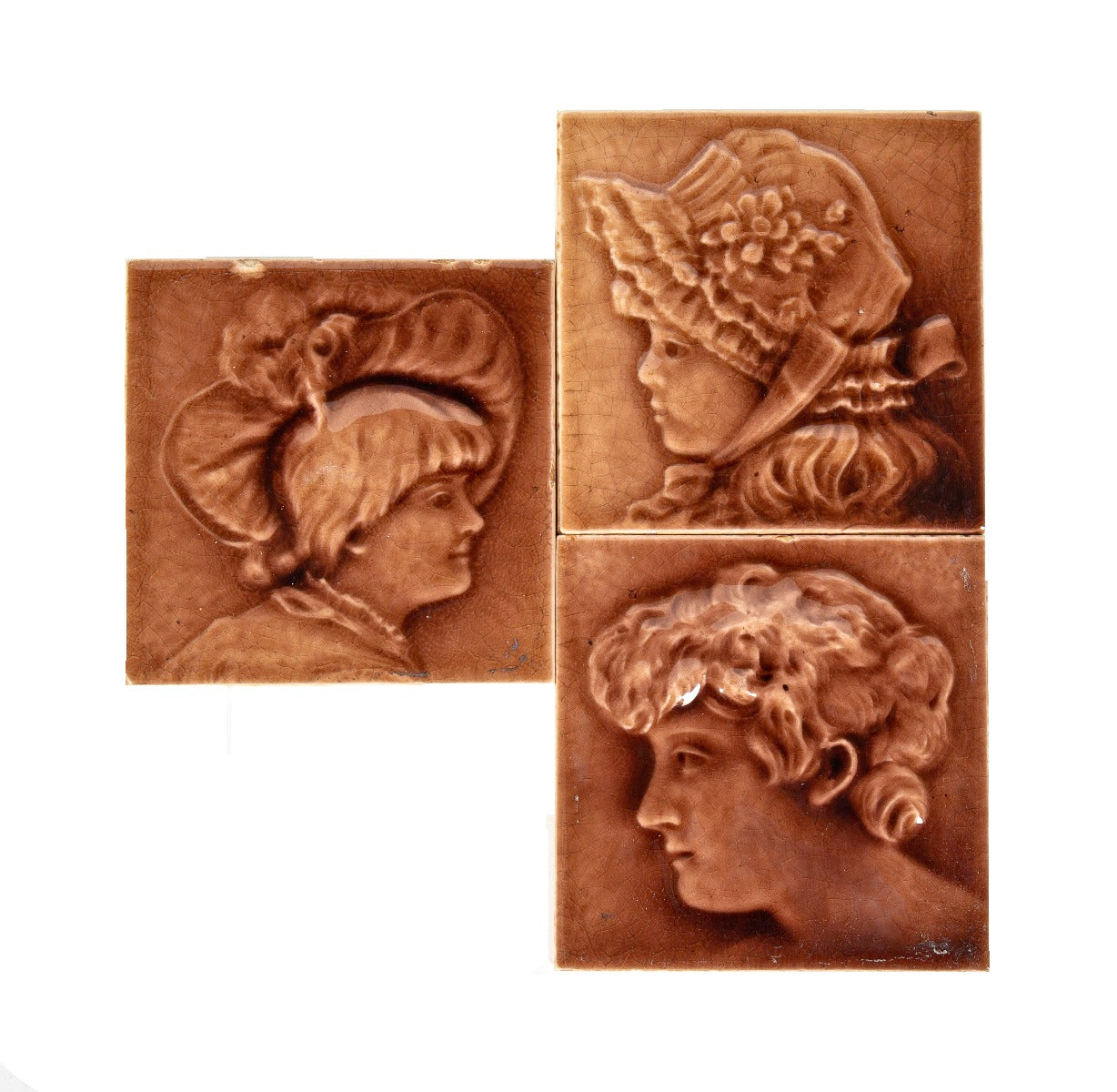 group of three rare 4 x 4 inch 19th century salvaged chicago original providential majolica-glazed figural fireplace tiles