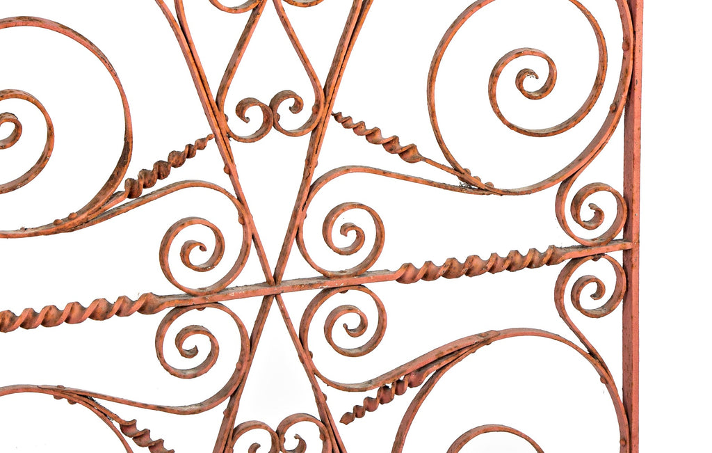 one of two matching 1880's original salvaged chicago heavily ornamented wrought iron residential window guard with nicely weathered finish