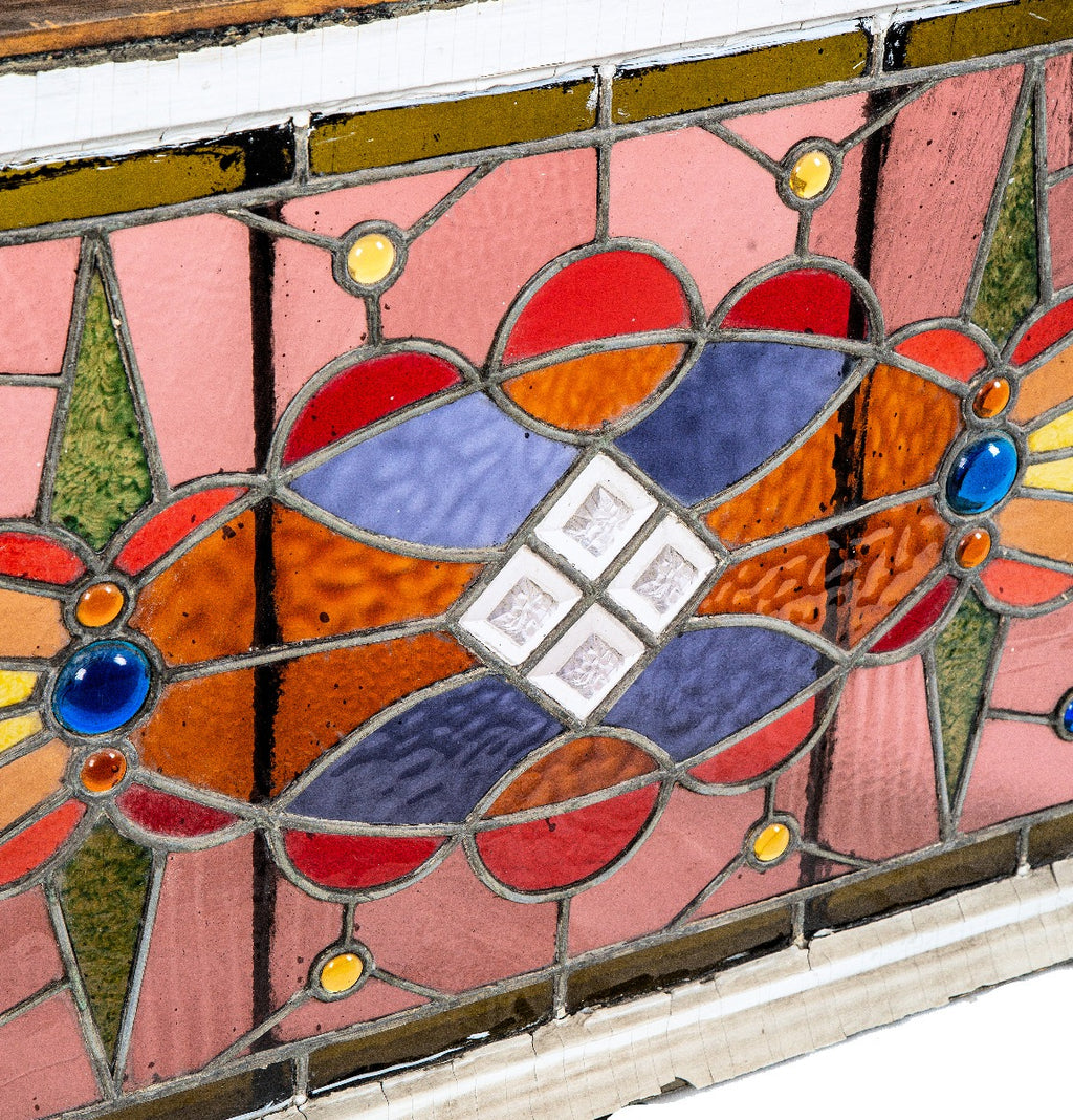 two matching impressive all original and intact 1880s salvaged chicago jeweled stained glass transom windows