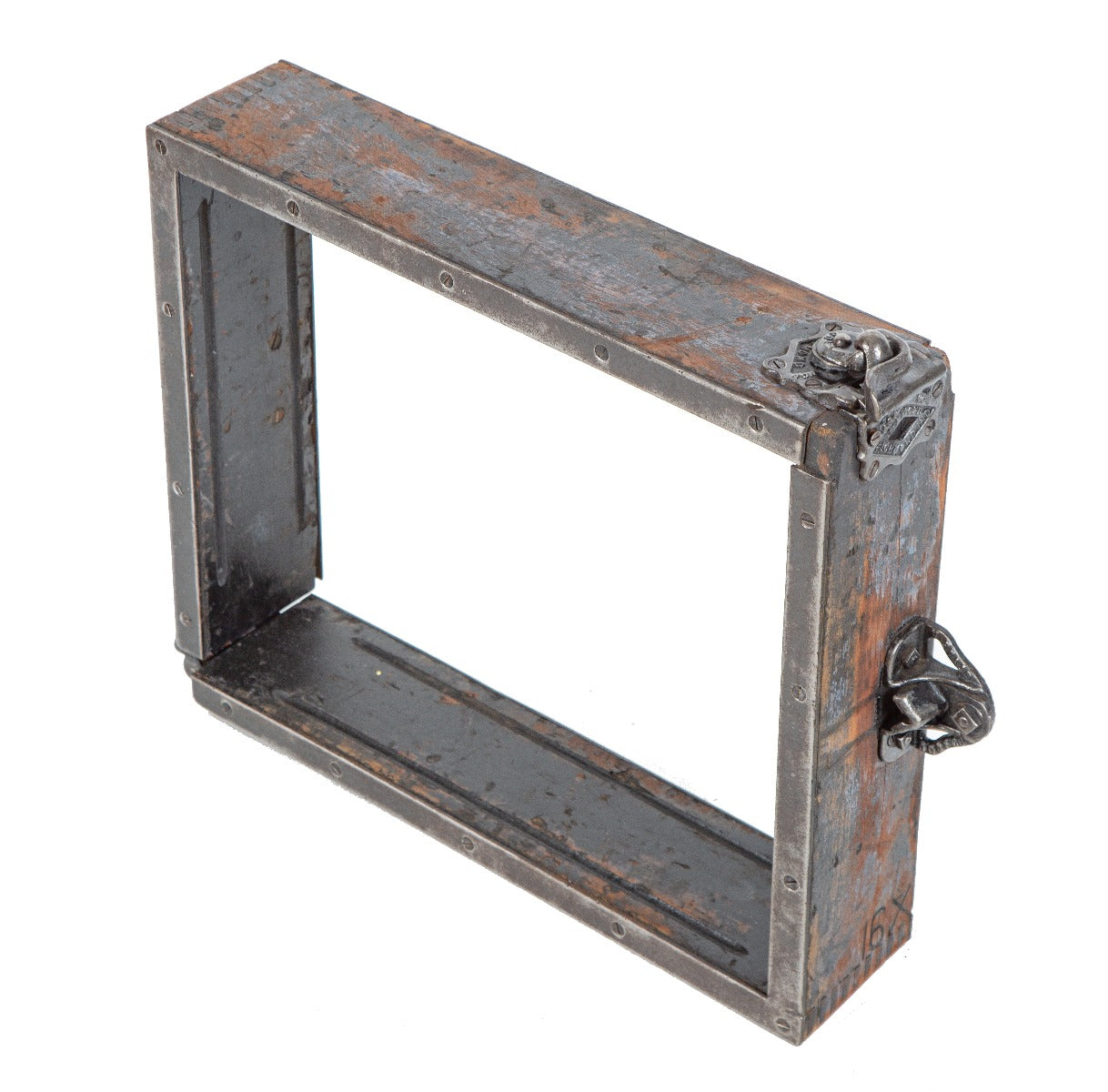 refinished american vintage industrial gary steel works foundry flask with brushed steel hinges and lever-latch