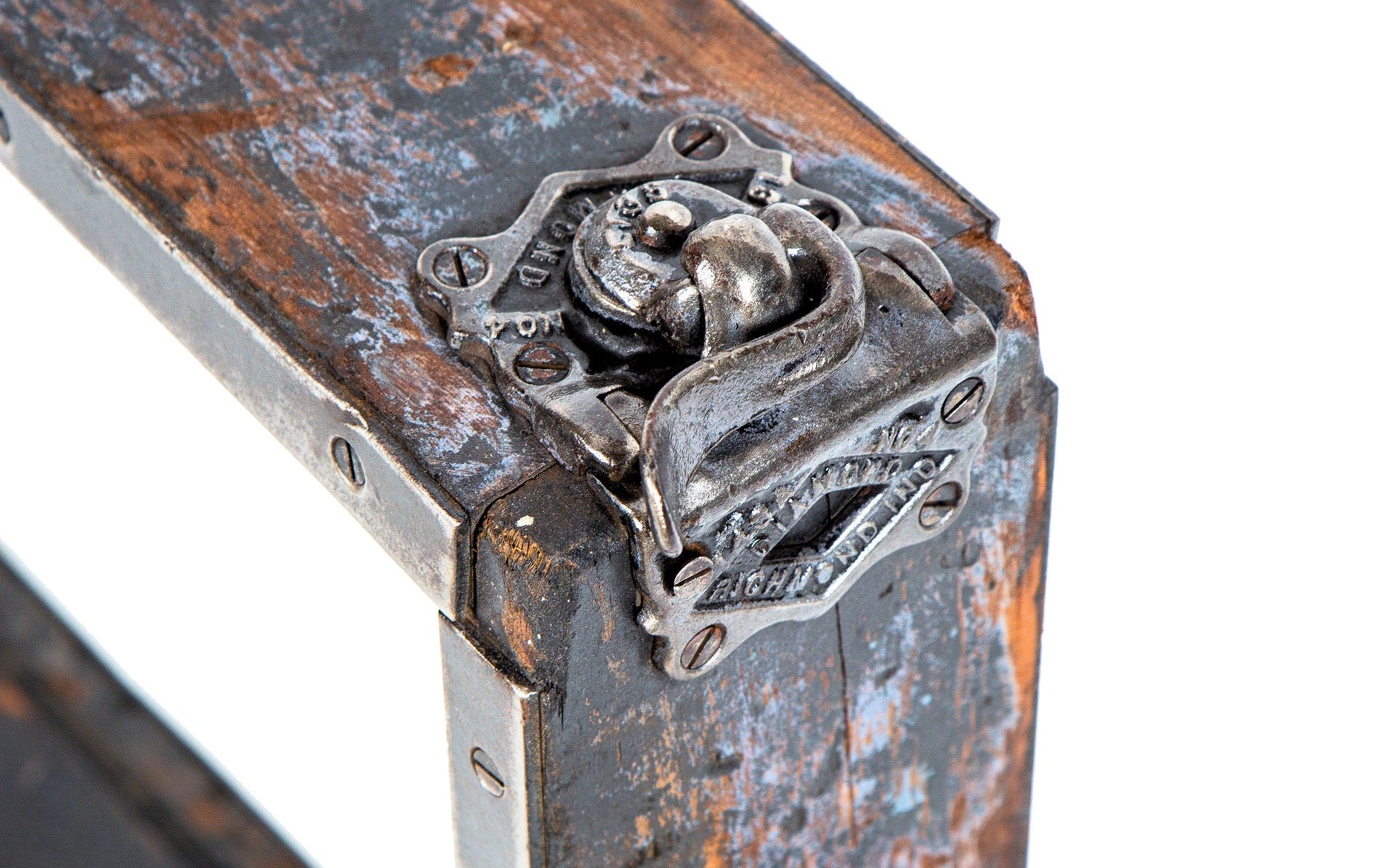 refinished american vintage industrial gary steel works foundry flask with brushed steel hinges and lever-latch