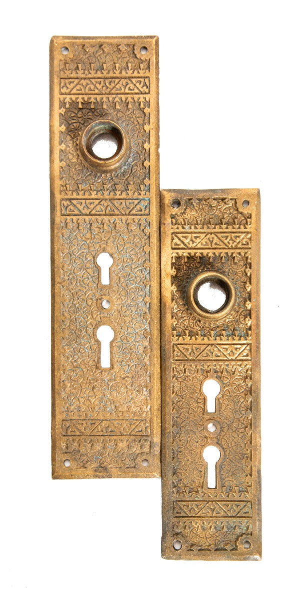 two original 1880s antique american eastlake style "brocade" pattern ornamental cast bronze doorknob backplates by corbin