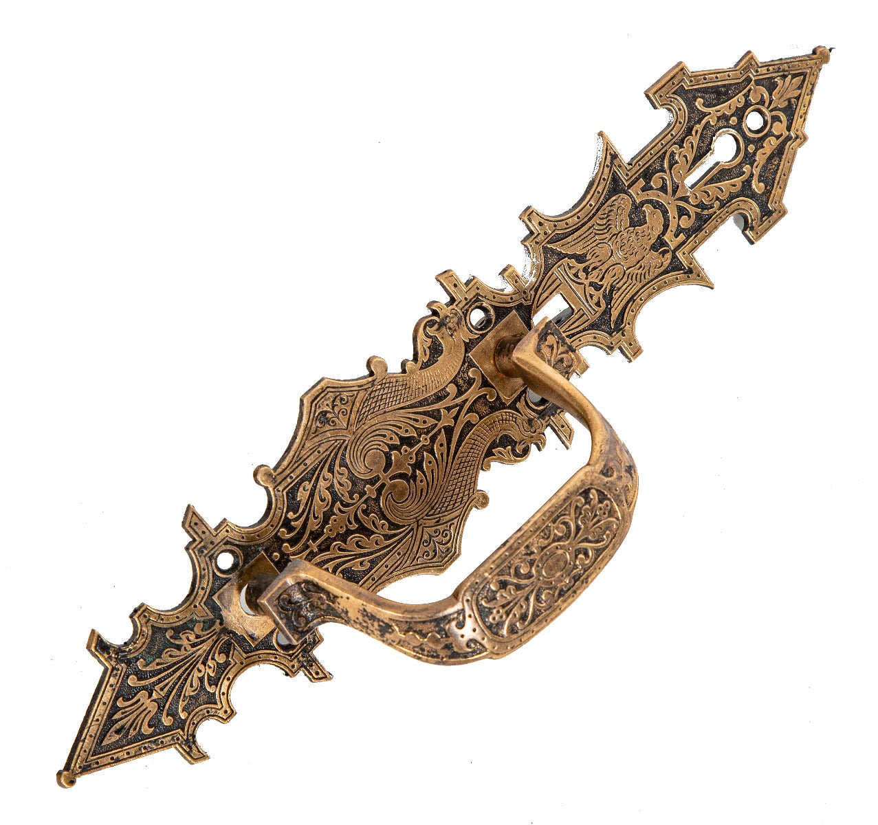 magnificent high victorian 1870s antique american ornamental cast bronze commercial store door handle with eagle and flanking griffins