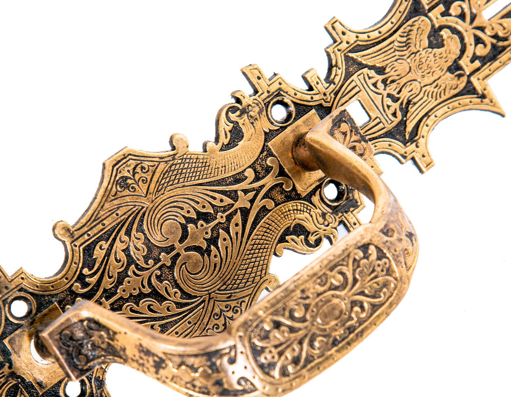 magnificent high victorian 1870s antique american ornamental cast bronze commercial store door handle with eagle and flanking griffins