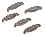 group of five matching original "oriental" pattern 19th century cast iron salvaged chicago eastlake style drawer pulls