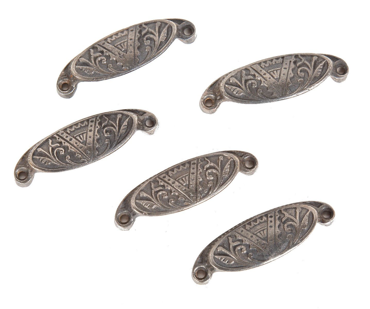 group of five matching original "oriental" pattern 19th century cast iron salvaged chicago eastlake style drawer pulls