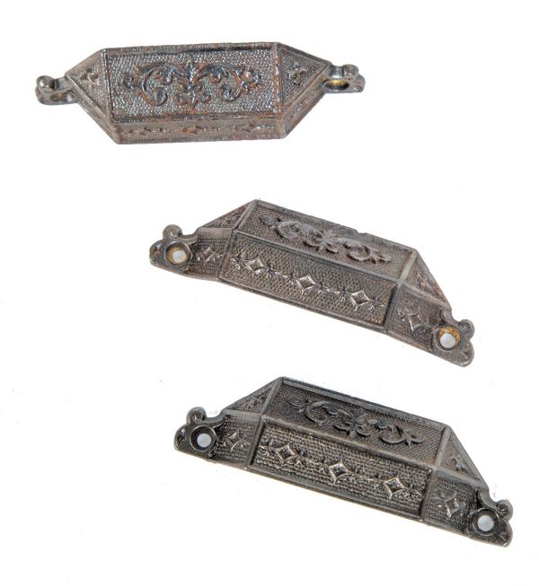 group of three matching 1870s antique american ornamental cast iron residential kitchen pantry drawer pulls