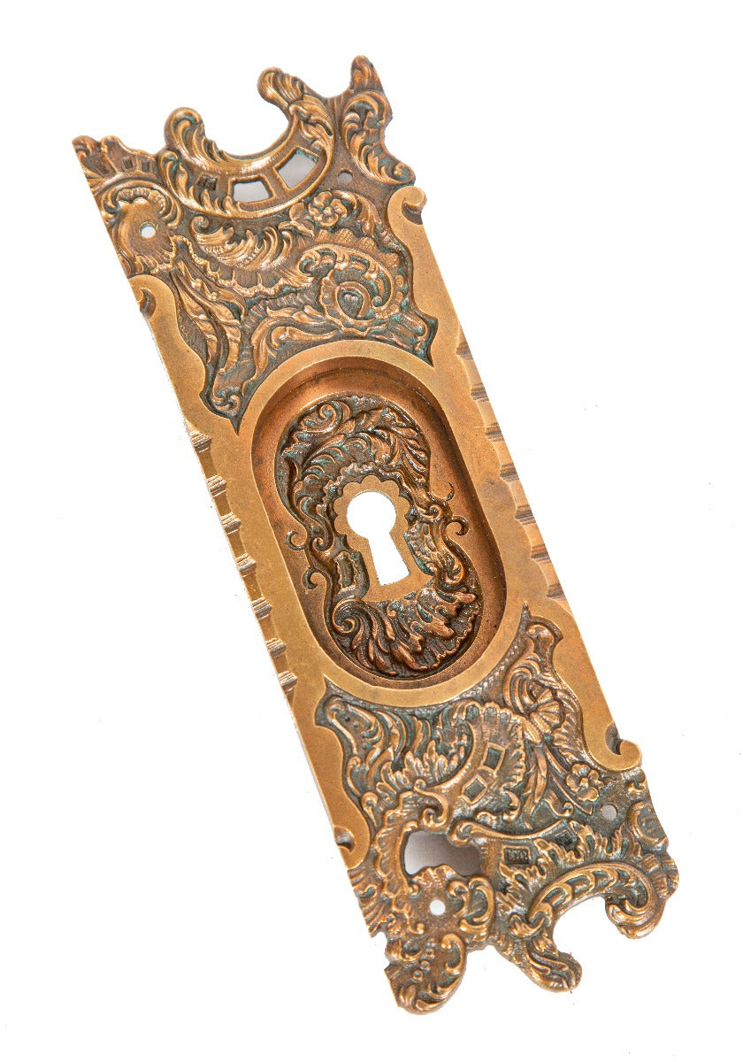 hard to find late 19th century antique american architectural ornamental cast bronze "belforte" pattern new old stock pocket door plate