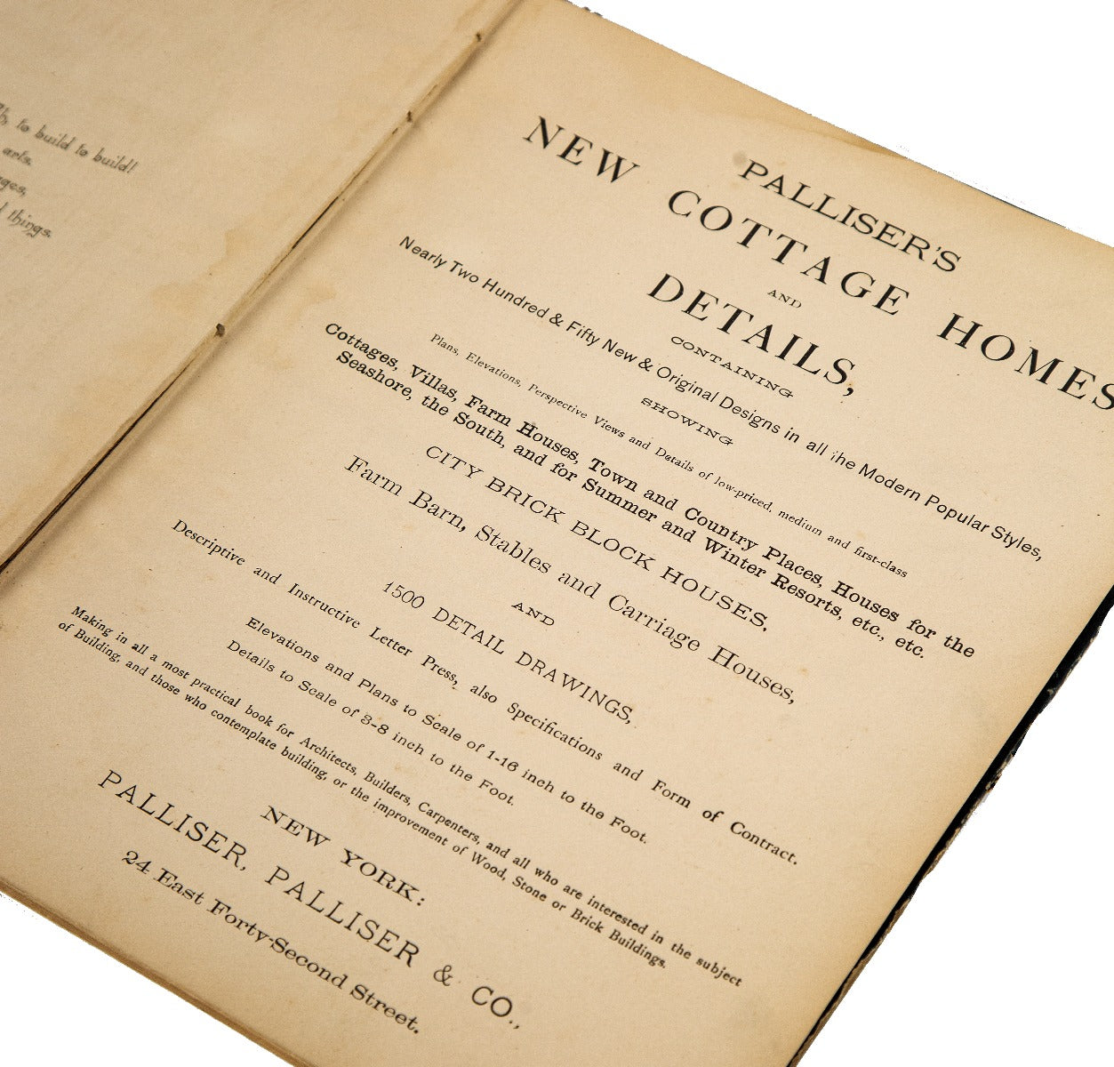 original 19th century hardbound palliser's new cottage homes and details, containing nearly two hundred & fifty new & original designs in all the modern popular styles, showing plans, elevations, perspective views and details