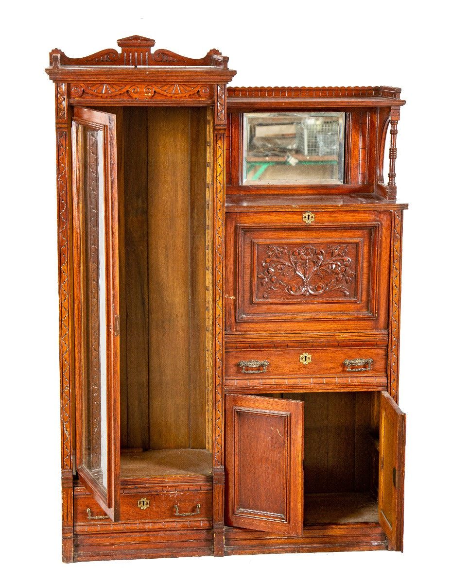 original 19th century quartered carved oak wood eastlake style secretary or curio cabinet with drop-down desk and beveled mirror
