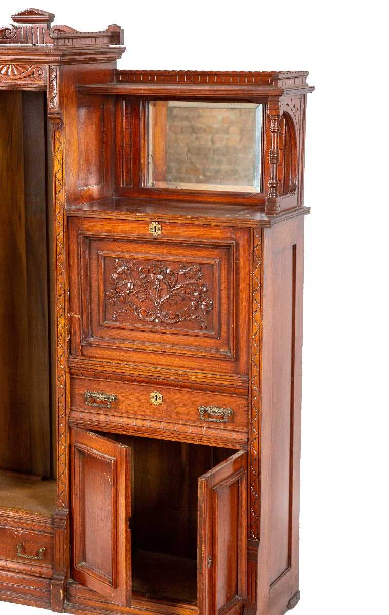 original 19th century quartered carved oak wood eastlake style secretary or curio cabinet with drop-down desk and beveled mirror