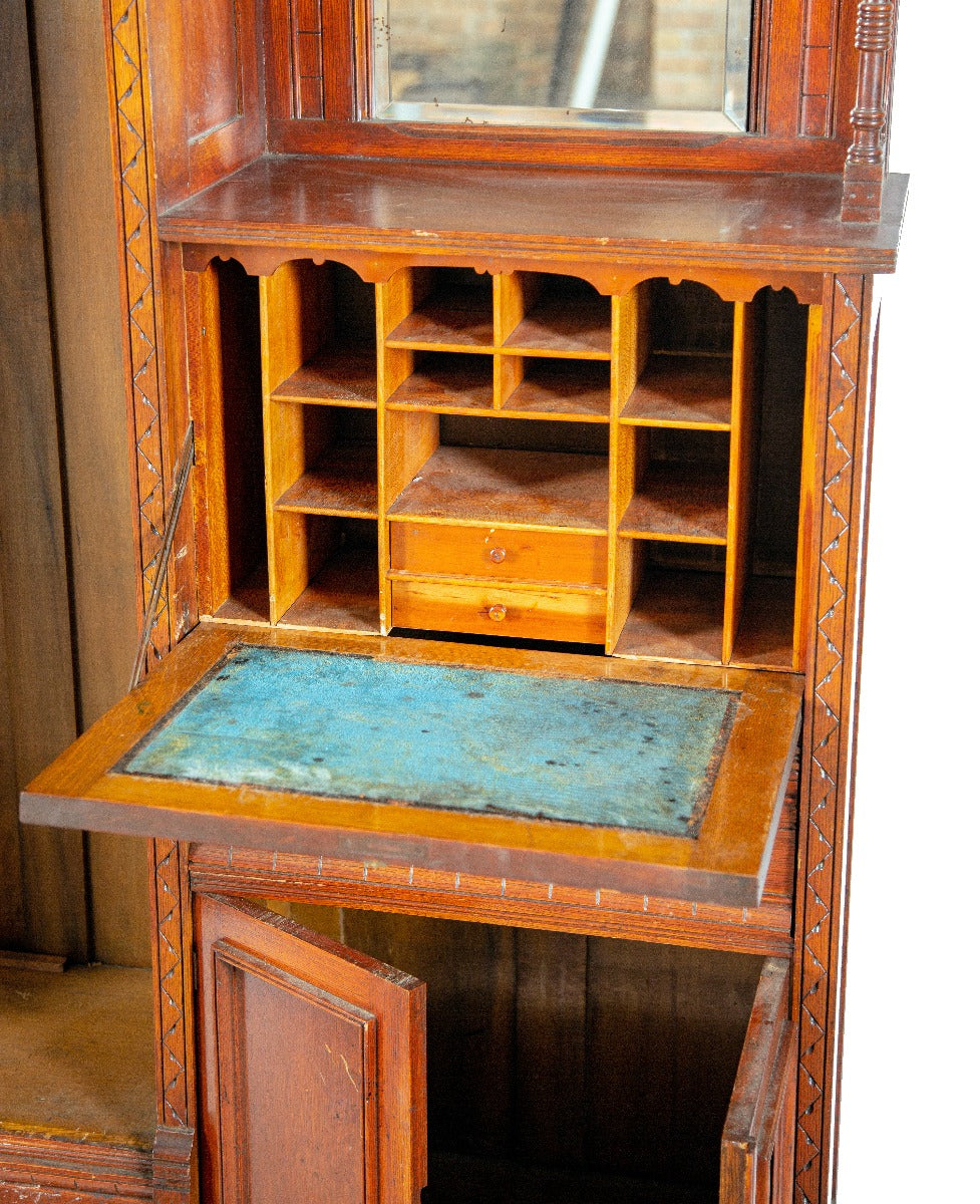 original 19th century quartered carved oak wood eastlake style secretary or curio cabinet with drop-down desk and beveled mirror