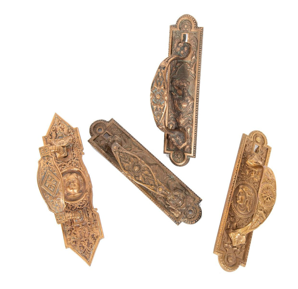 rare 1870s ornamental cast bronze salvaged chicago figural commercial store door handle with centrally located figure