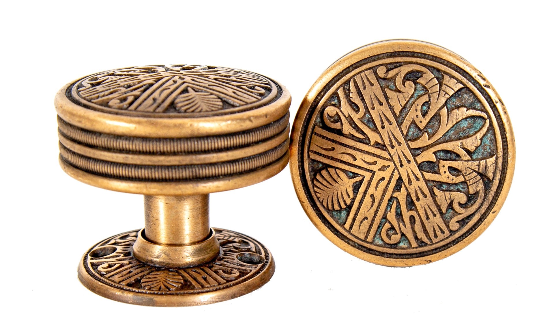 highly desirable 19th century antique american architectural "egyptian" pattern oversized drum-shaped bronze doorknobs with matching rosettes