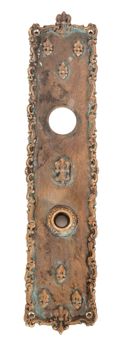 oversized late 19th or early 20th century ornamental cast bronze "verdun" pattern exterior entrance door backplate