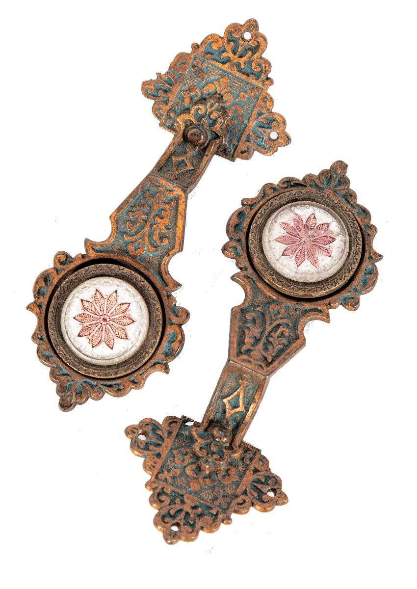 matching pair of late 1860's ornamental cast bronze interior residential drapery tiebacks with etched glass insets