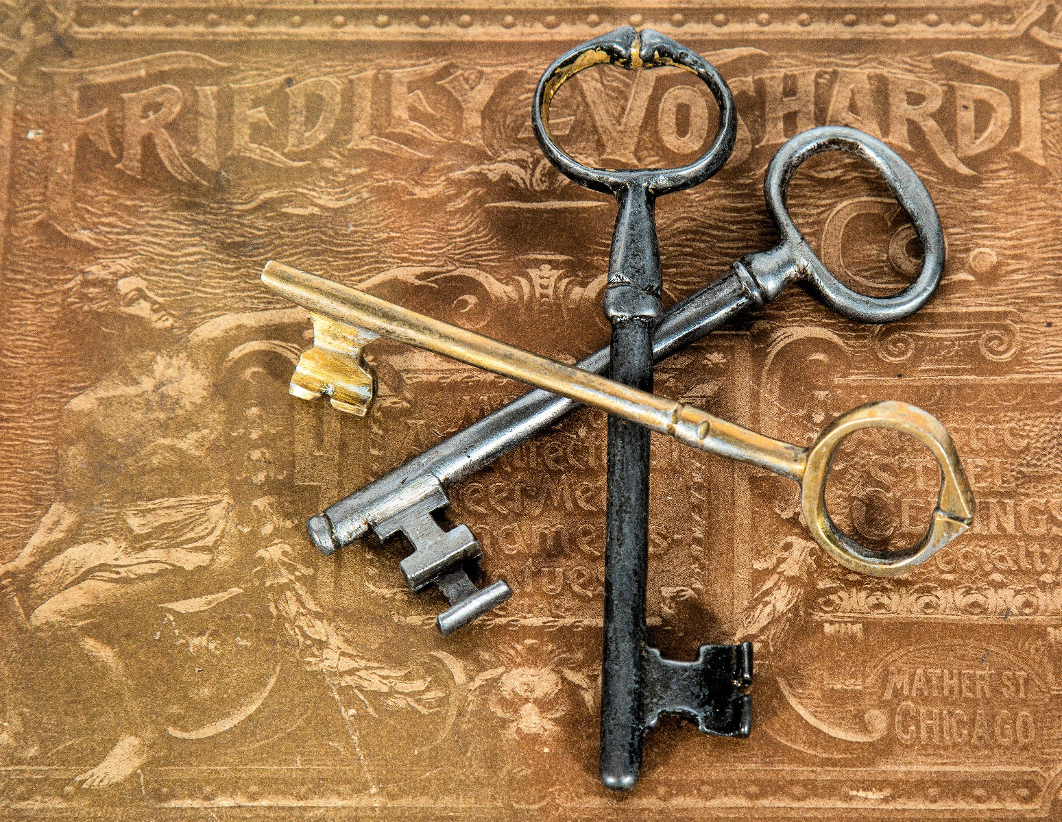 group of oversized mid-19th century oversized wrought iron joliet state prison cell door lever lock skeleton keys