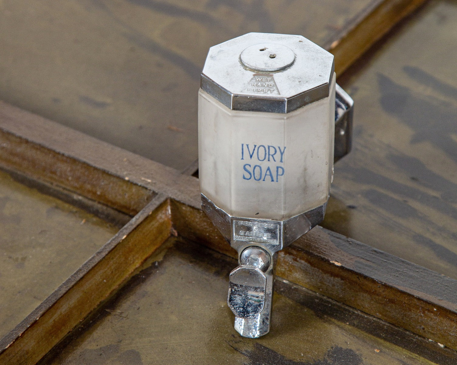 all original and fully functional wall-mount american art deco chrome and glass ivory soap dispenser with plunger and removable cap