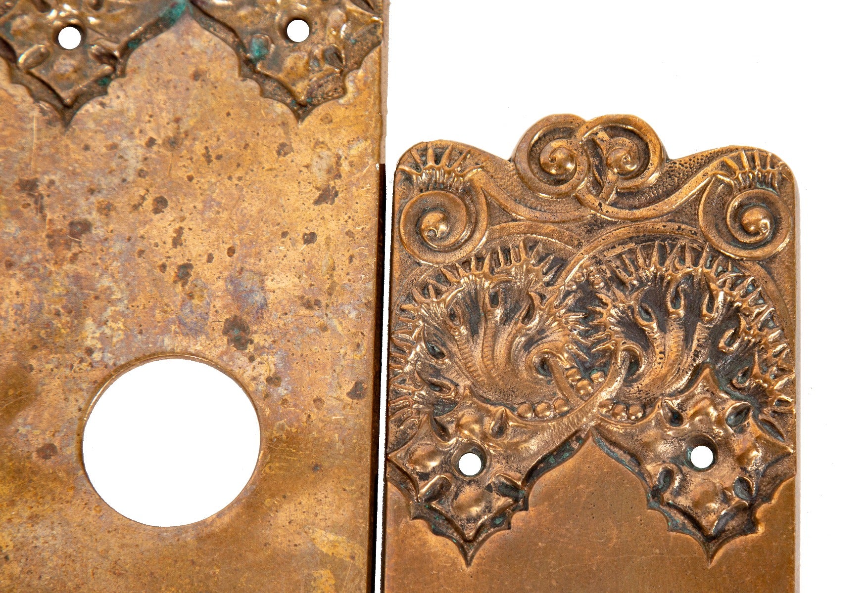 highly desirable all original ornamental cast bronze oversized "thistle" pattern doorknob and backplate with nicely aged surface patina