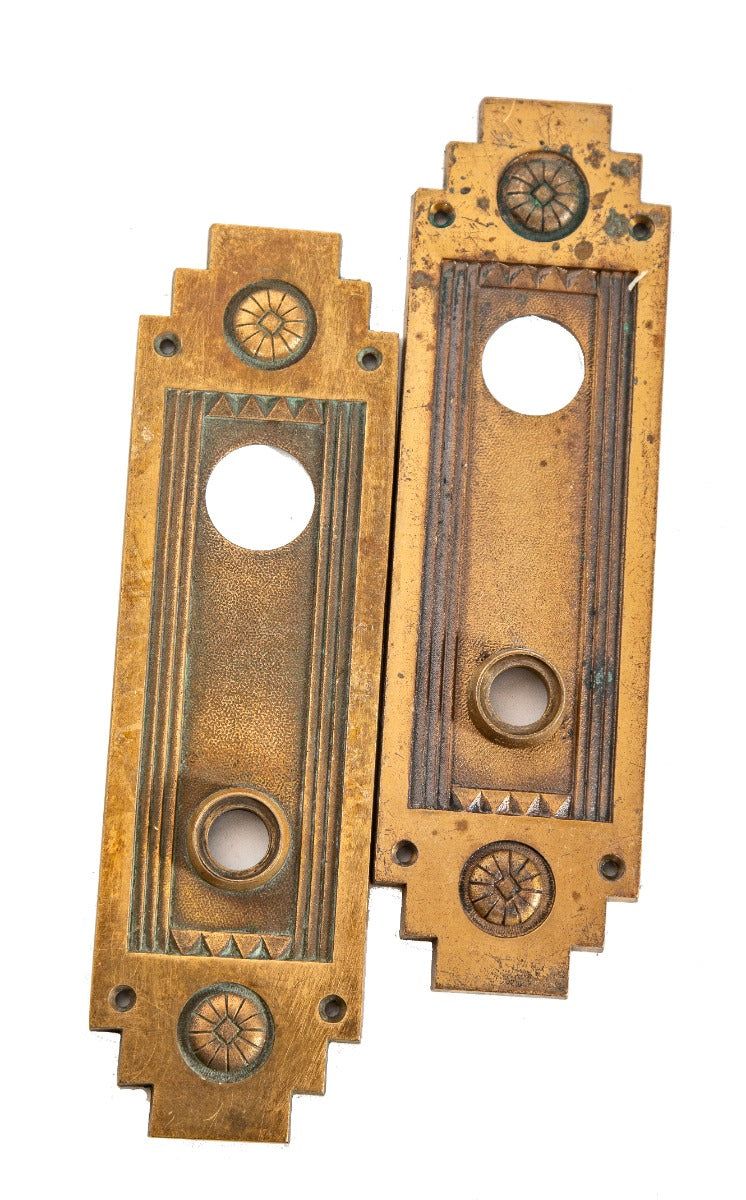 pair of original ornamental cast bronze salvaged chicago palmolive building office door backplates with nicely aged finish