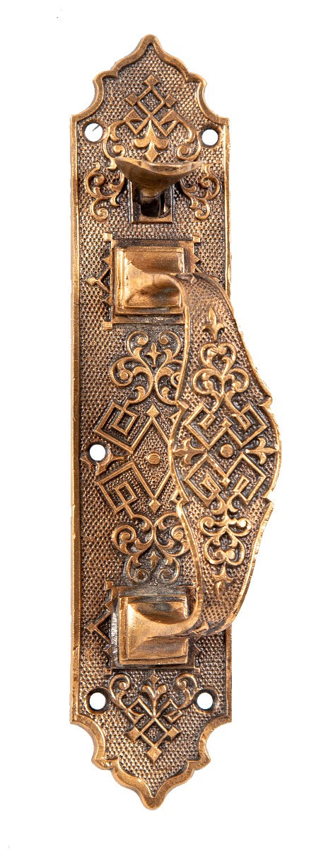 nicely aged original 1870s antique american victorian-era ornamental cast bronze commercial store door thumblatch handle
