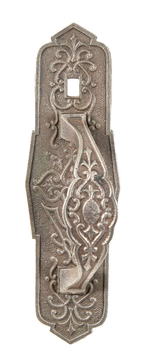 1870's american victorian era refinished ornamental cast iron exterior commercial store door thumblatch handle with uniquely shaped handle