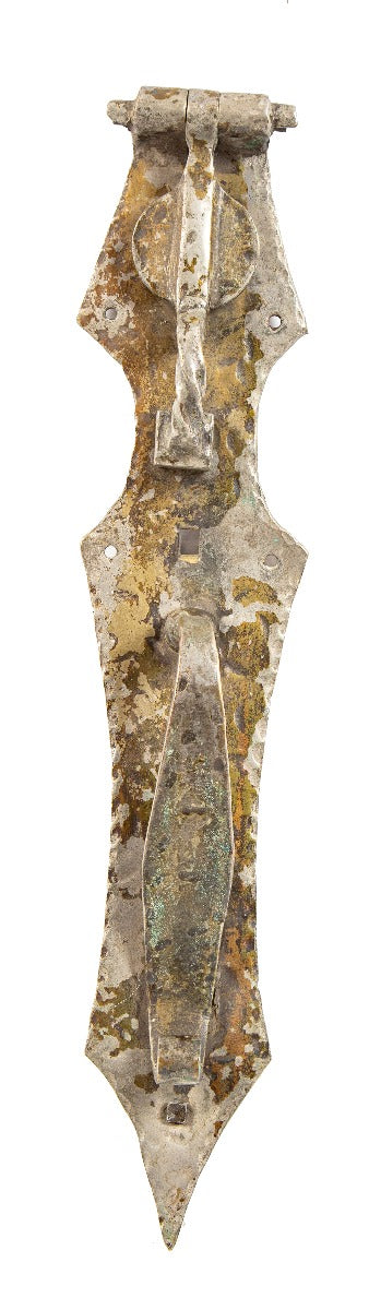 unusual early 20th century oversized hand-hammered ornamental mission style bronze entrance door thumblatch with integrated doorknocker