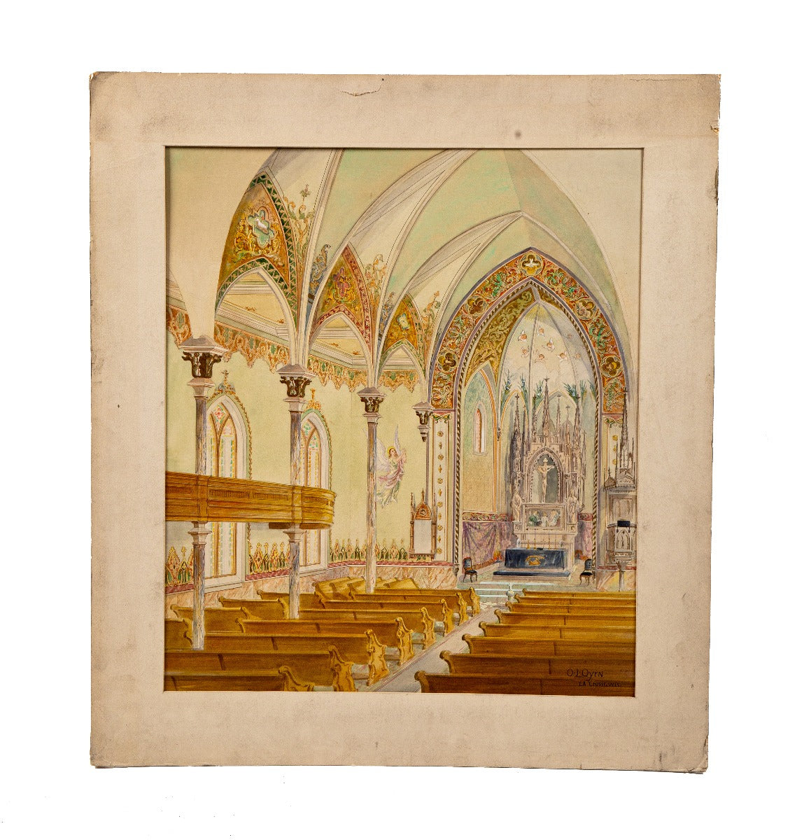 original highly sought after richly colored early 20th century odin j. oyen watercolor rendering for a church
