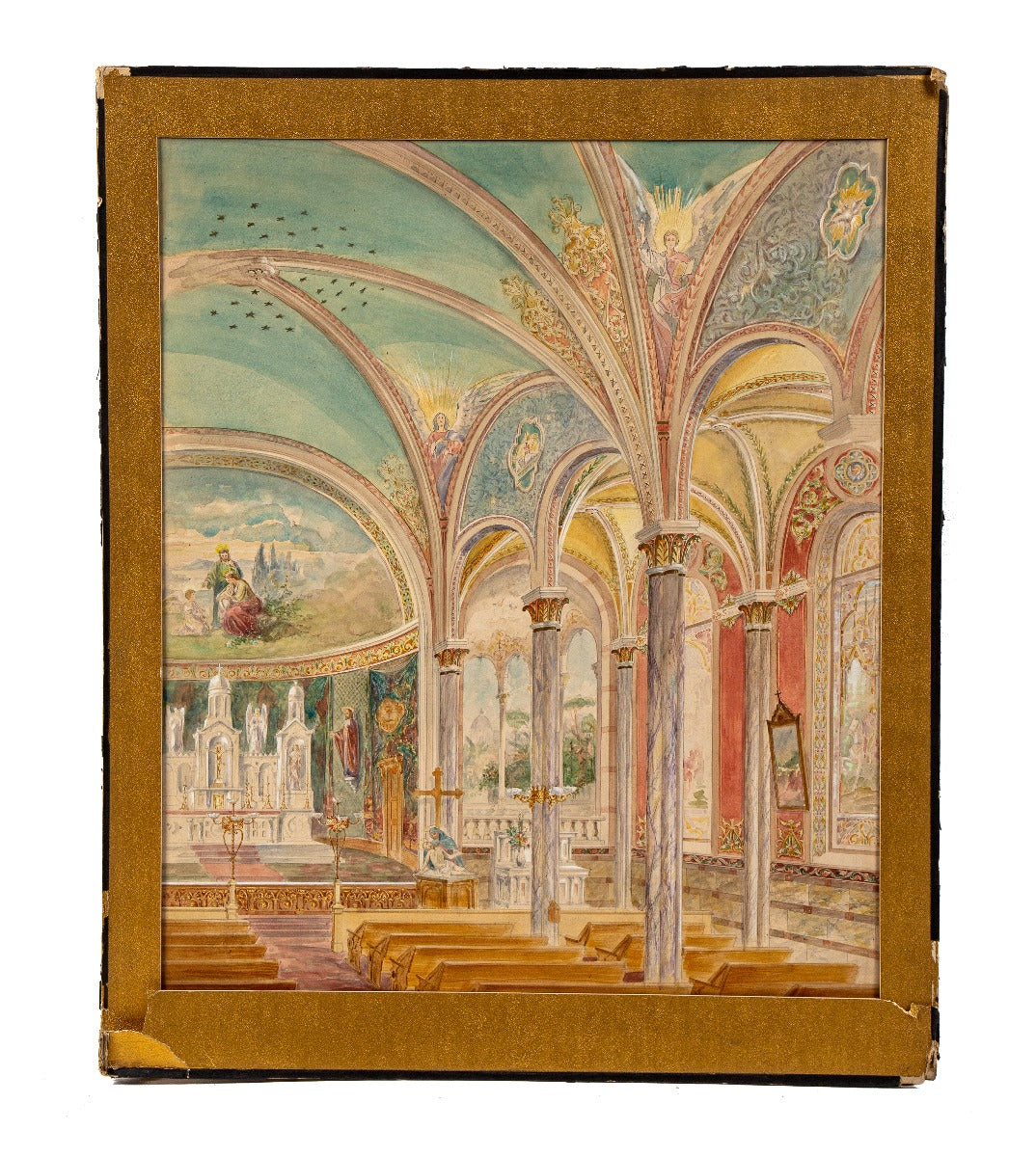 oversized vivid and richly colored signed odin j. oyen-signed watercolor rendering for a church interior