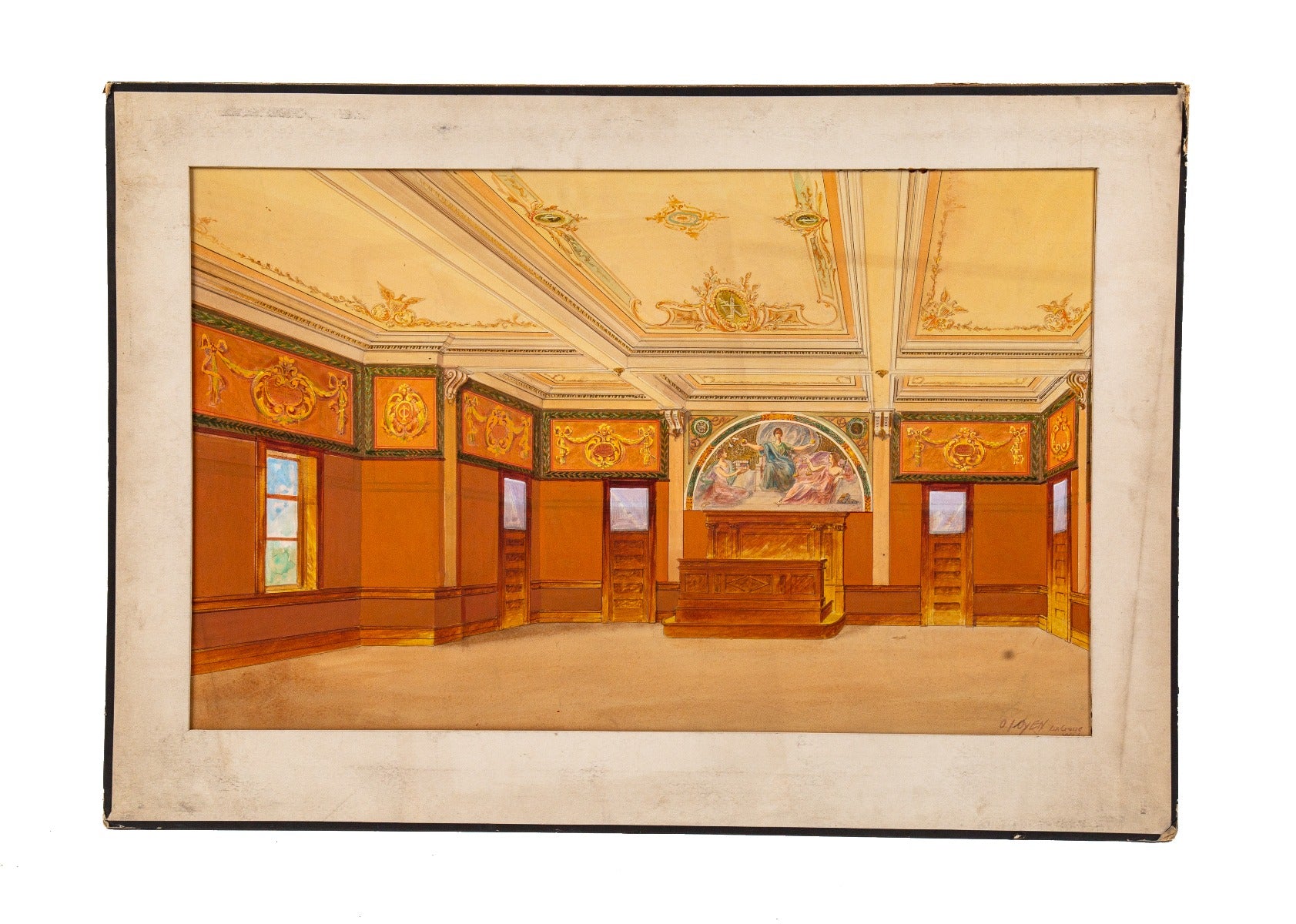 early 20th century original and largely intact oversized odin j. oyen watercolor rendering of an interior courthouse