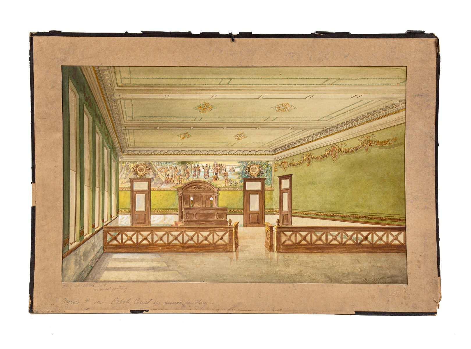 oversized odin j. oyen early 20th century watercolor rendering for a probate courtroom with intact matte and signature