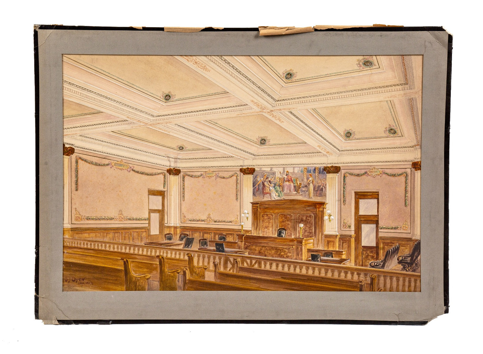 original early 20th century historically important odin j. oyen signed detailed oversized watercolor rendering of a courthouse interior