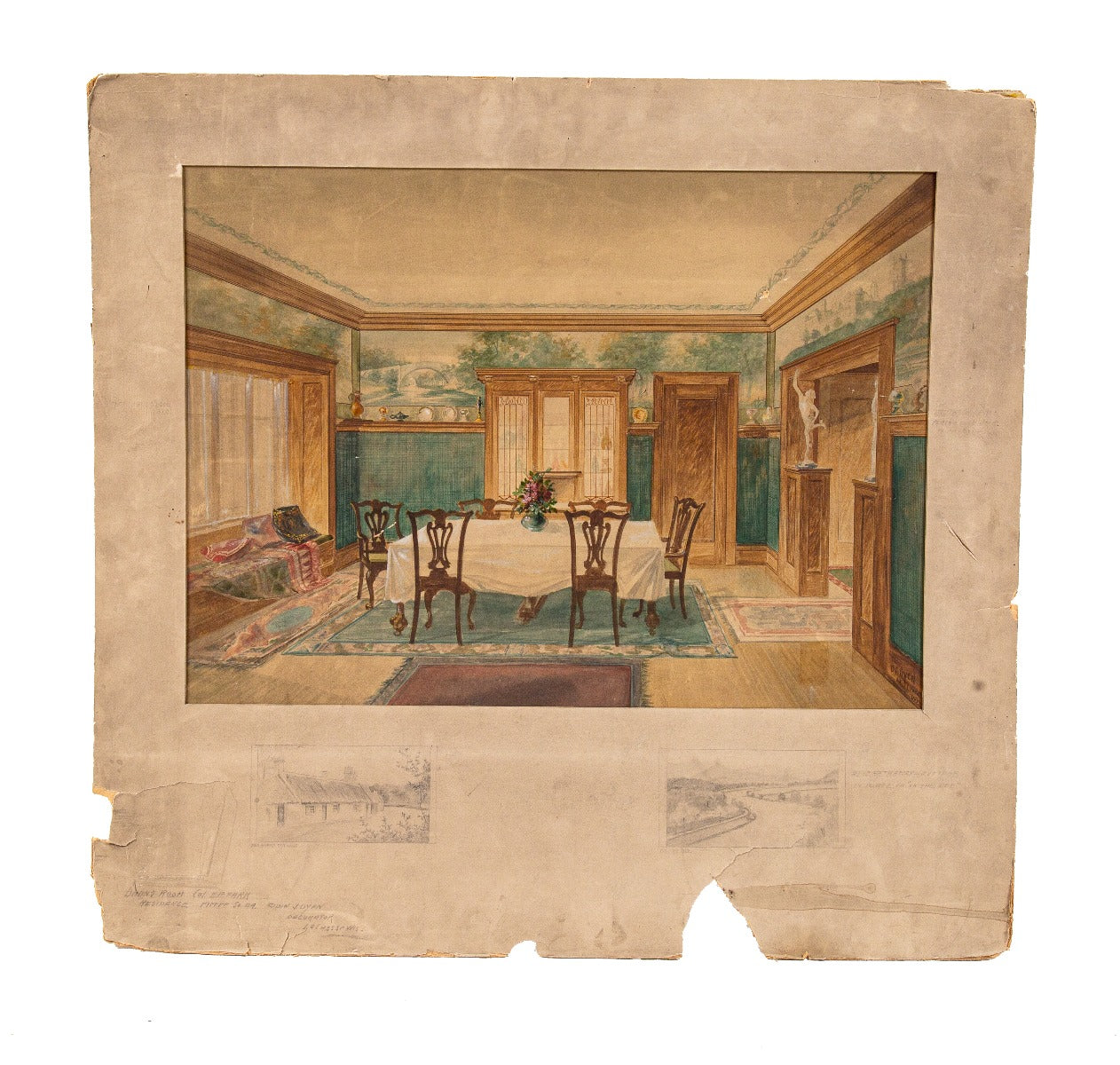 rare early 20th american polychromatic watercolor rendering depicting the interior dining room for the historic col. e.p. farr house executed by odin j. oyen