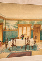 rare early 20th american polychromatic watercolor rendering depicting the interior dining room for the historic col. e.p. farr house executed by odin j. oyen
