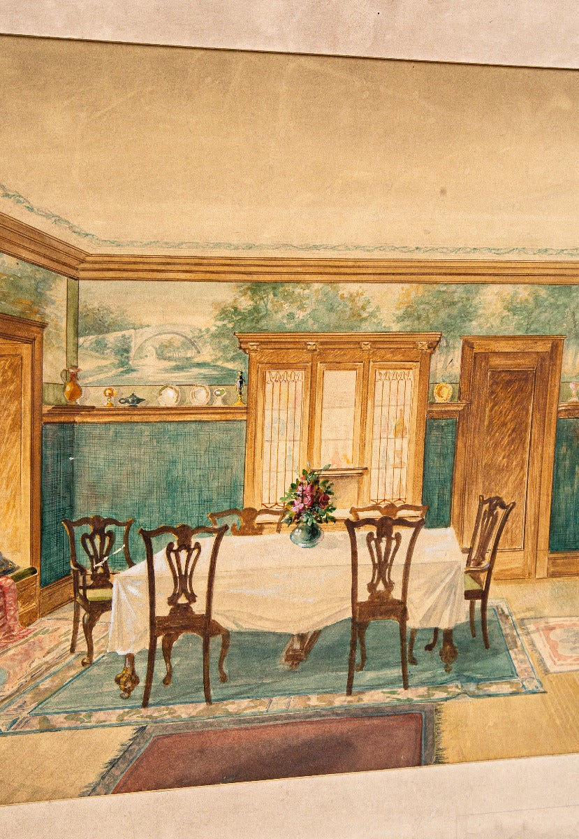 rare early 20th american polychromatic watercolor rendering depicting the interior dining room for the historic col. e.p. farr house executed by odin j. oyen