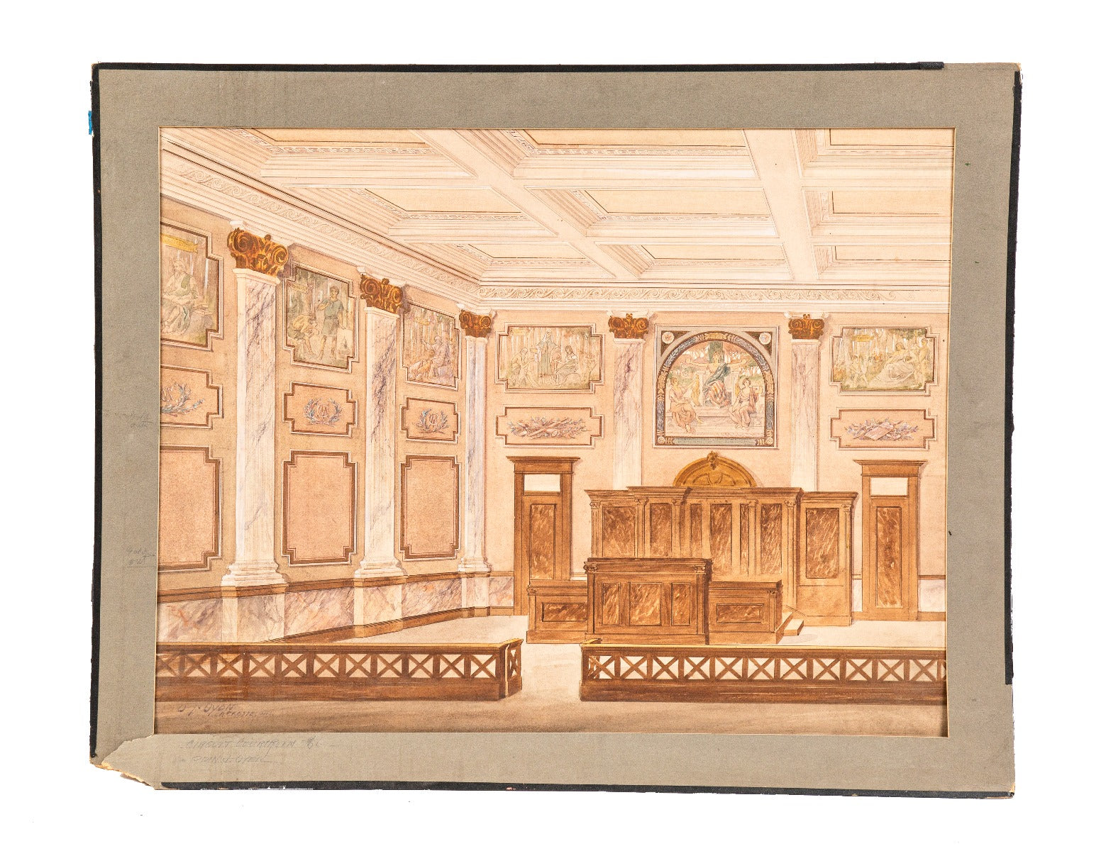 original early 20th century odin j. oyen-signed oversized watercolor rendering of an interior courtroom